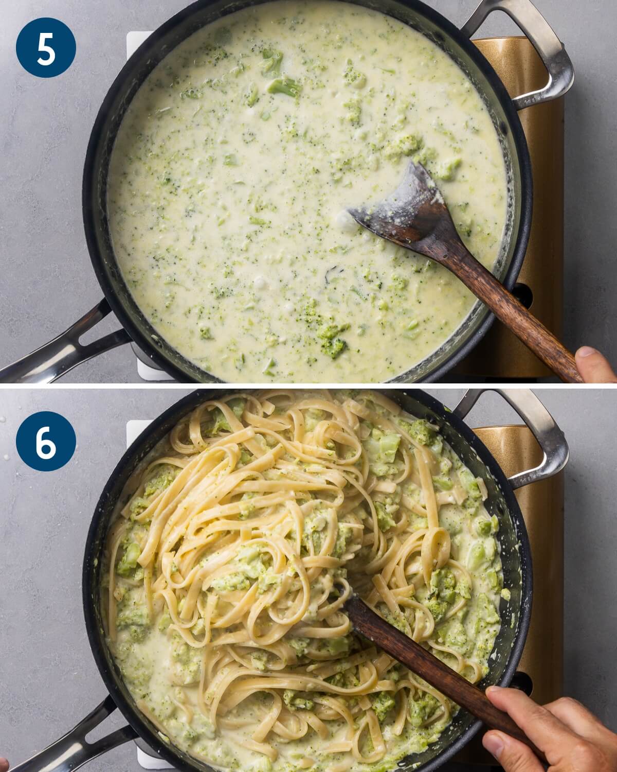 Collage two showing simmering the cheese sauce and adding the pasta to the pan.
