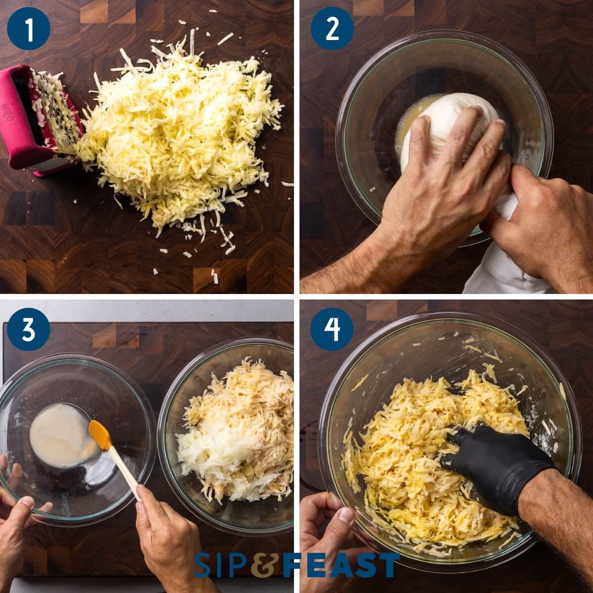 Recipe process shot collage group onw showing the grated potatoes, squeezing the water out of the potatoes, using the potato starch, and mixing the potato pancake ingredients by hand.