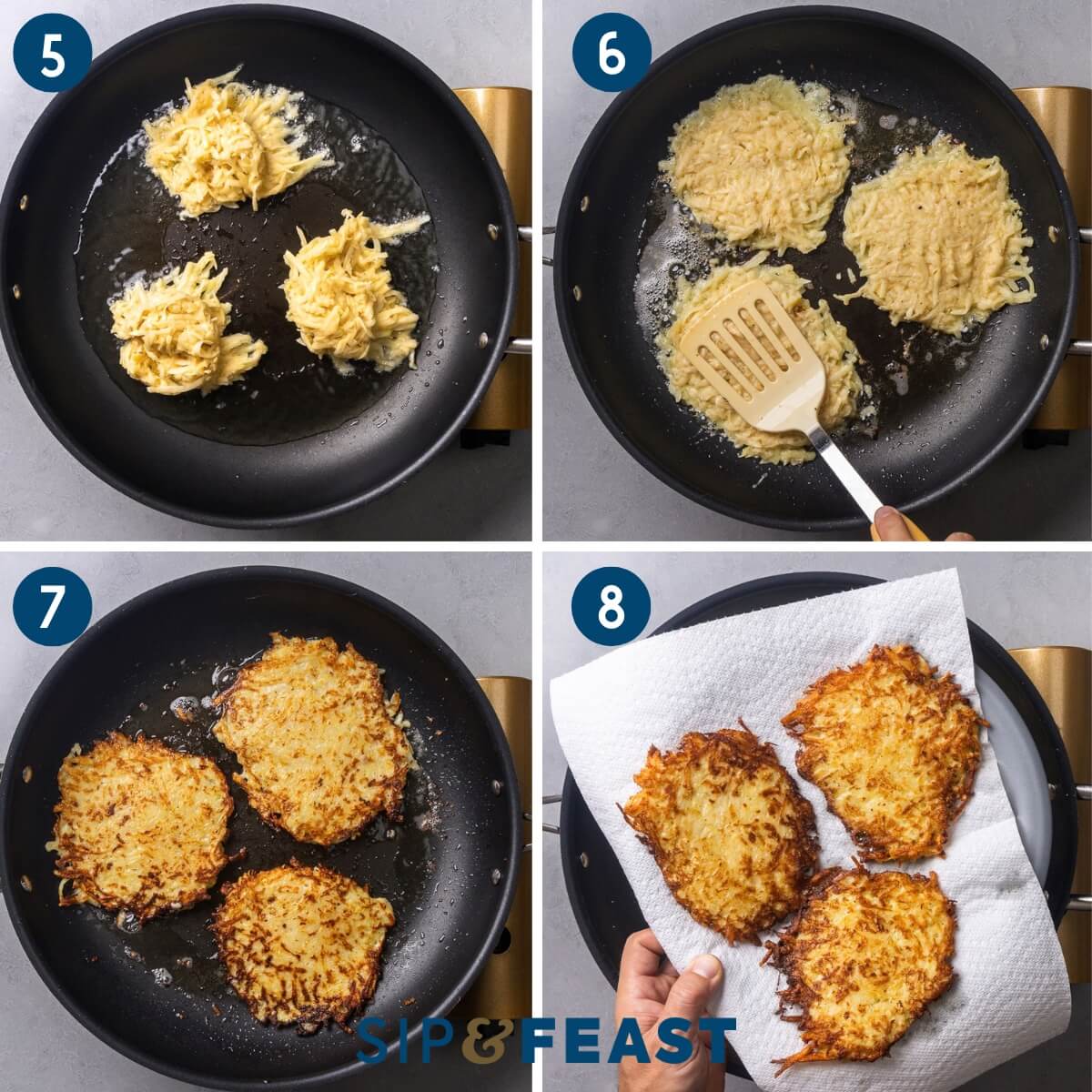 Collage two showing adding the batter to pan, pressing into pancakes, frying the potato pancakes, and the finished product on a paper towel lined plate.