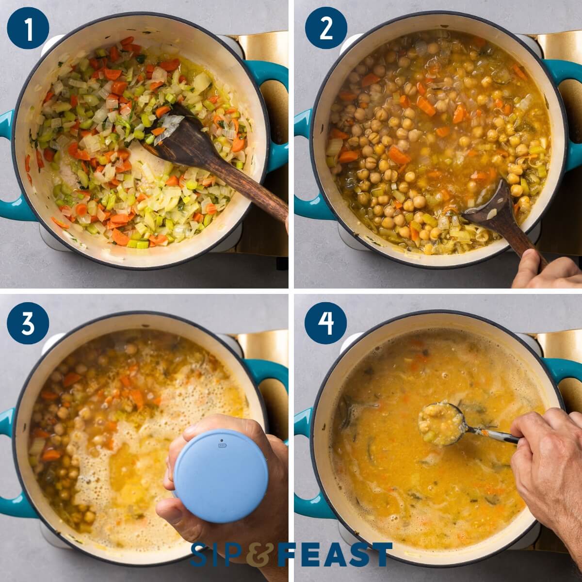 Recipe process shot collage showing sauteing the celery, carrrot, garlic, and onion, adding the stock and chickpeas, using an immersion to partially blend, and tasting the soup.