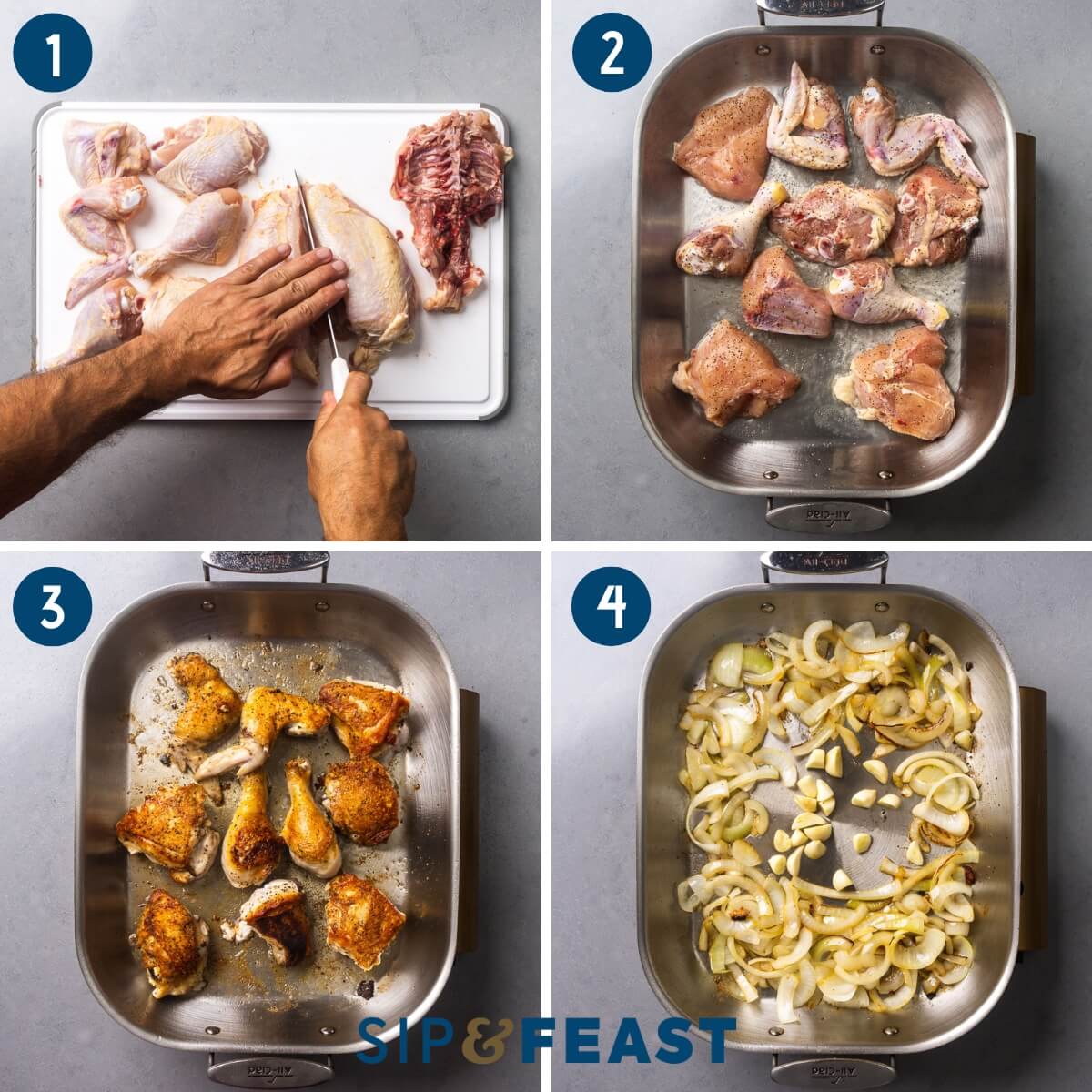 Pollo alla potentina process shot collage group one showing breaking down the chicken, searing the chicken, and sauteing the onions and garlic.