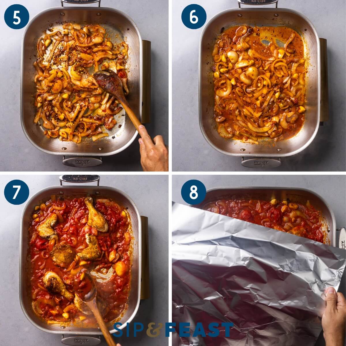 Collage two showing sauteing the tomato paste, adding the wine, adding the tomatoes and chicken pieces, and covering with foil.