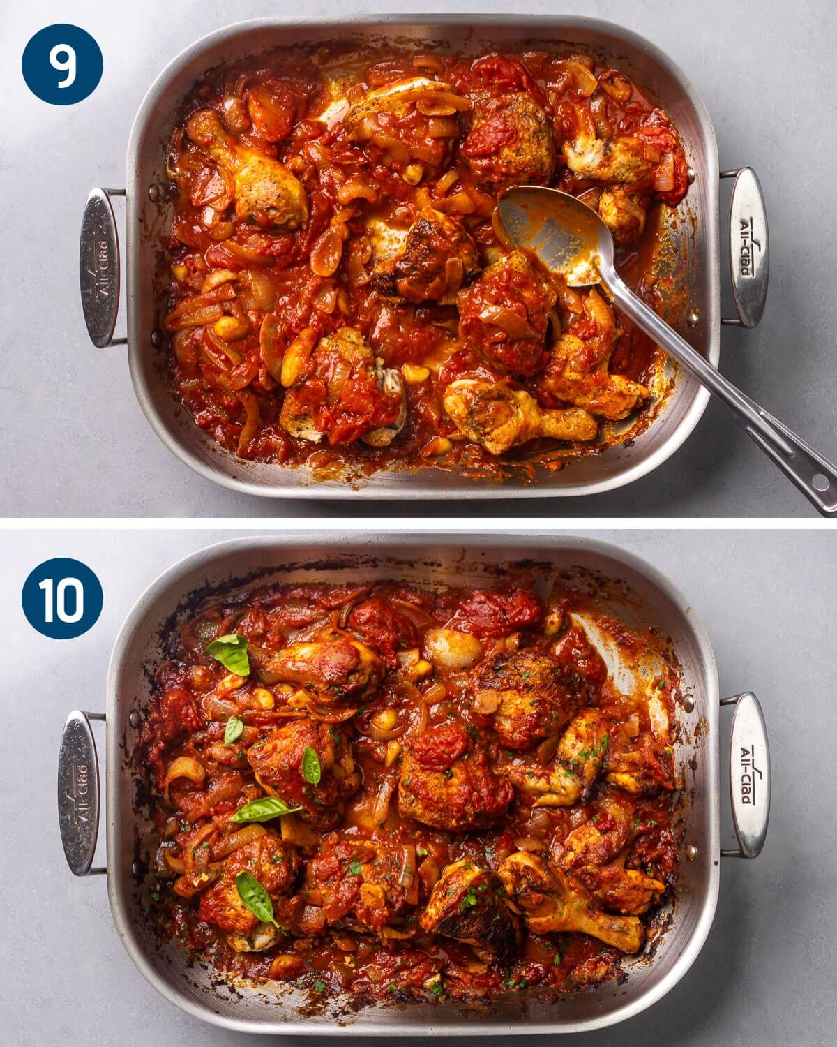 Collage three showing adding the chicken breasts to the sauce and the finished dish topped with parsley and basil.