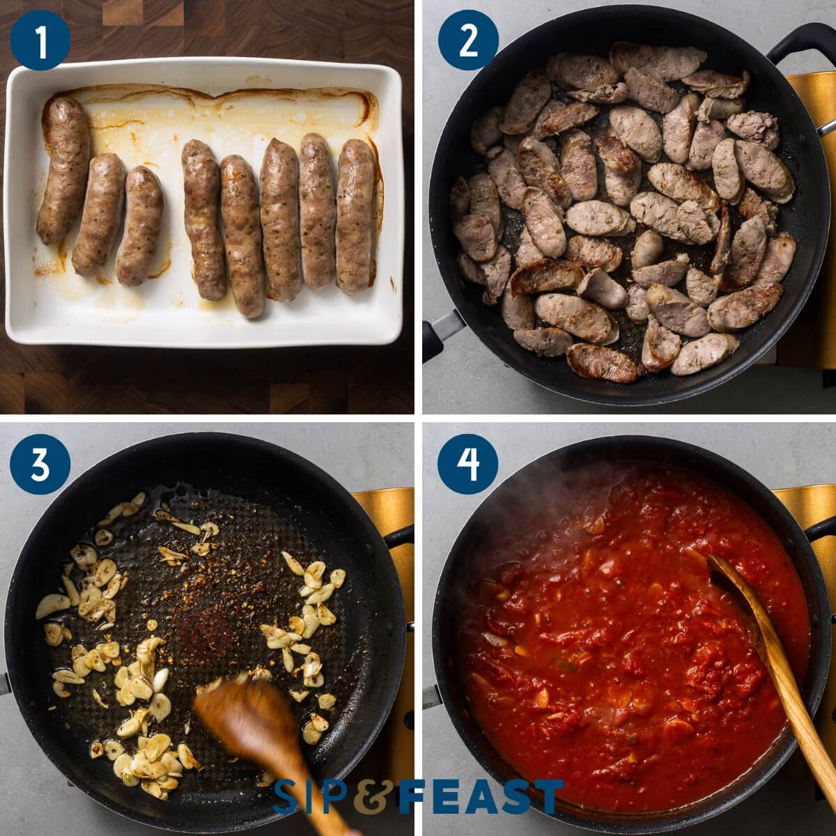 Recipe process shot collage group one showing roasted sausage in plate, searing the sausage in large pan, sauteing the garlic, and simmering the sauce.
