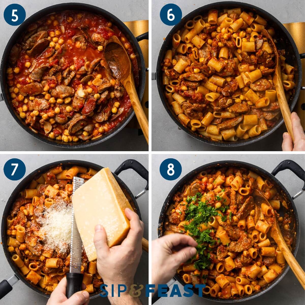 Collage two showing adding the sausage and chickpeas to the sauce, mixing in the pasta, adding the grated parmesan, and finishing with basil and parsley.