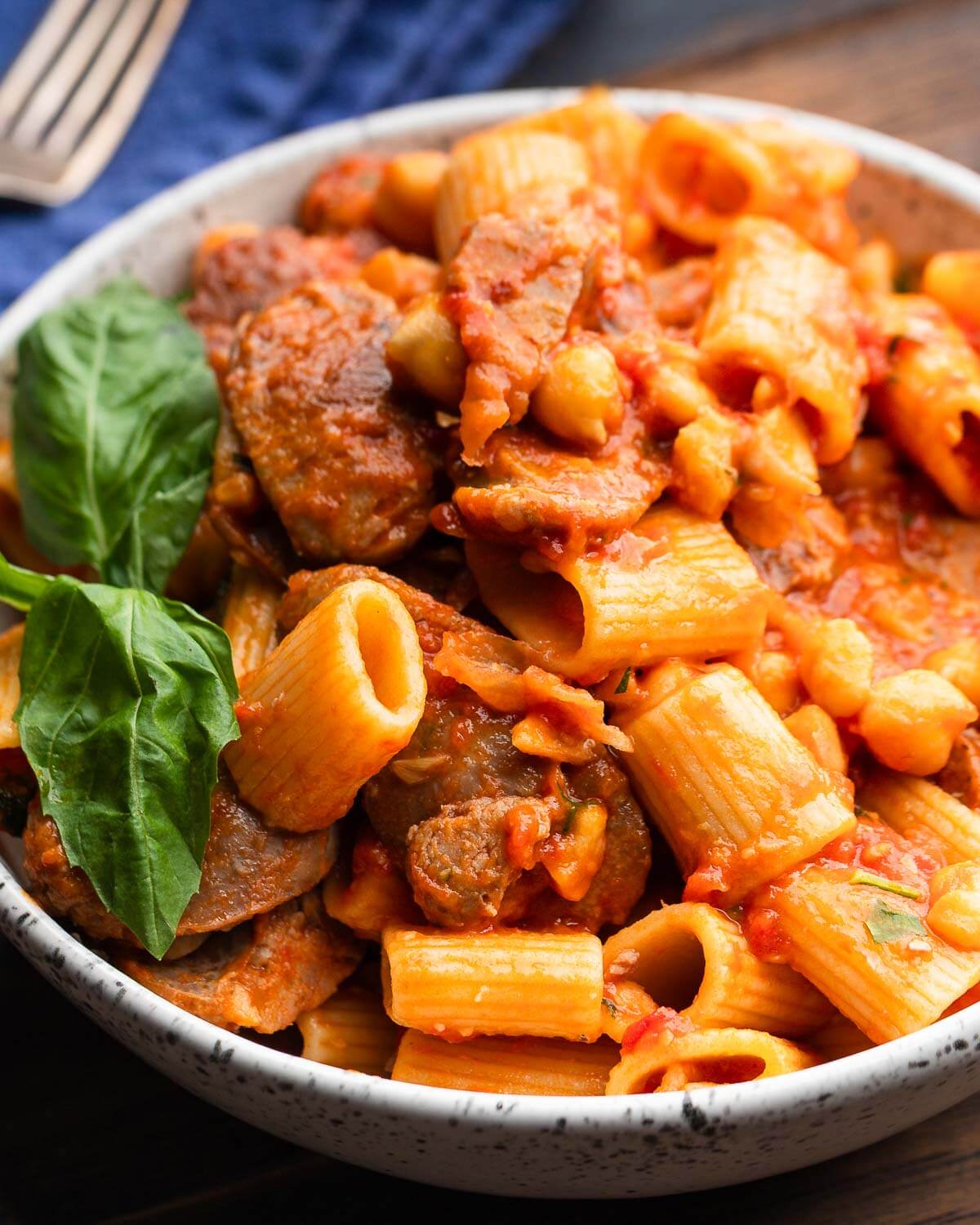 Bowl of sausage chickpea rigatoni.