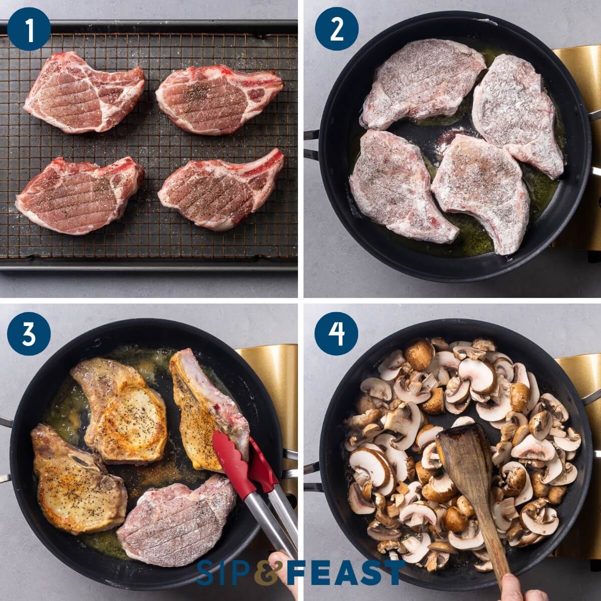 Recipe process shot collage group one showing seasoning the pork chops, searing the flour-dredged chops, and sauteing the mushrooms.