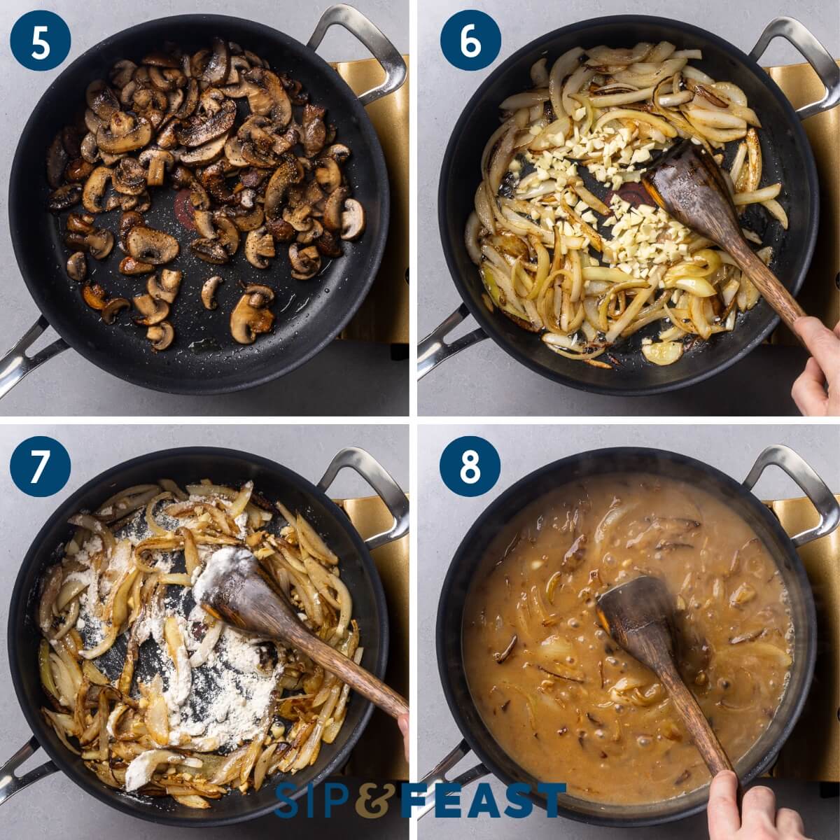 Collage two showing seasoning the mushrooms, sauteing the onion and garlic, adding flour to pan, and bringing sauce to a boil.