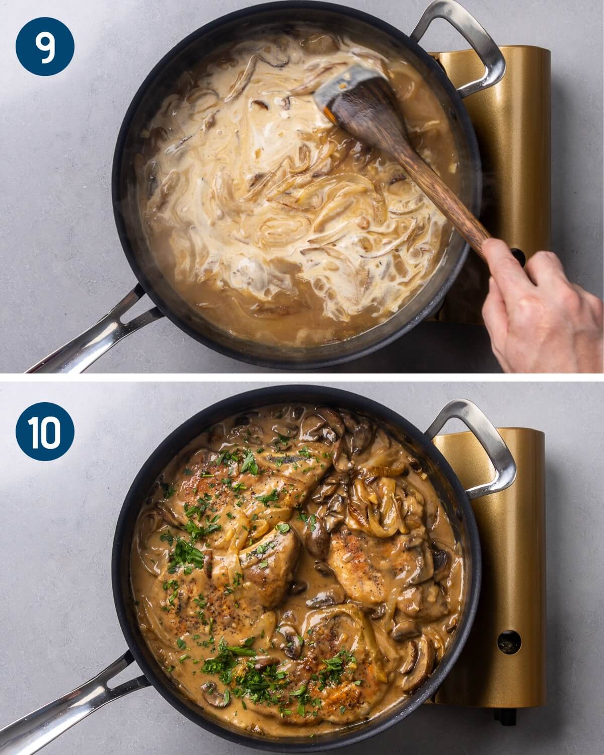 Collage three showing mixing in the heavy cream and adding the pork chops and mushrooms to the finish the dish.