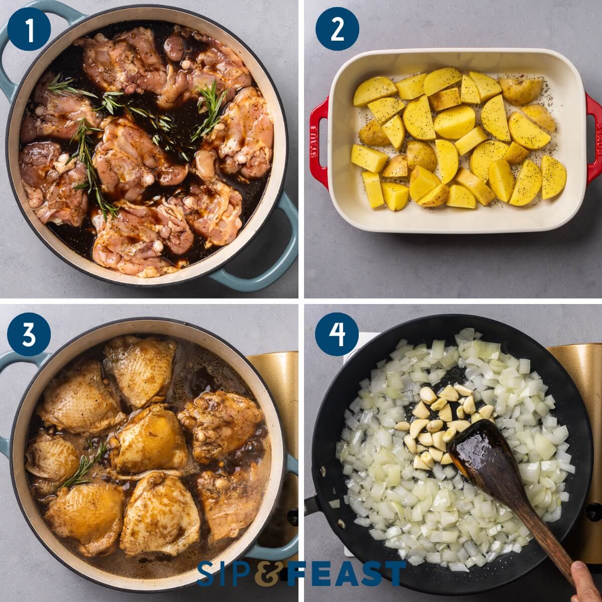 Recipe process shot collage group one showing marinating the chicken, placing the potatoes into a baking dish, braising the chicken, and sauteing the onion and garlic.