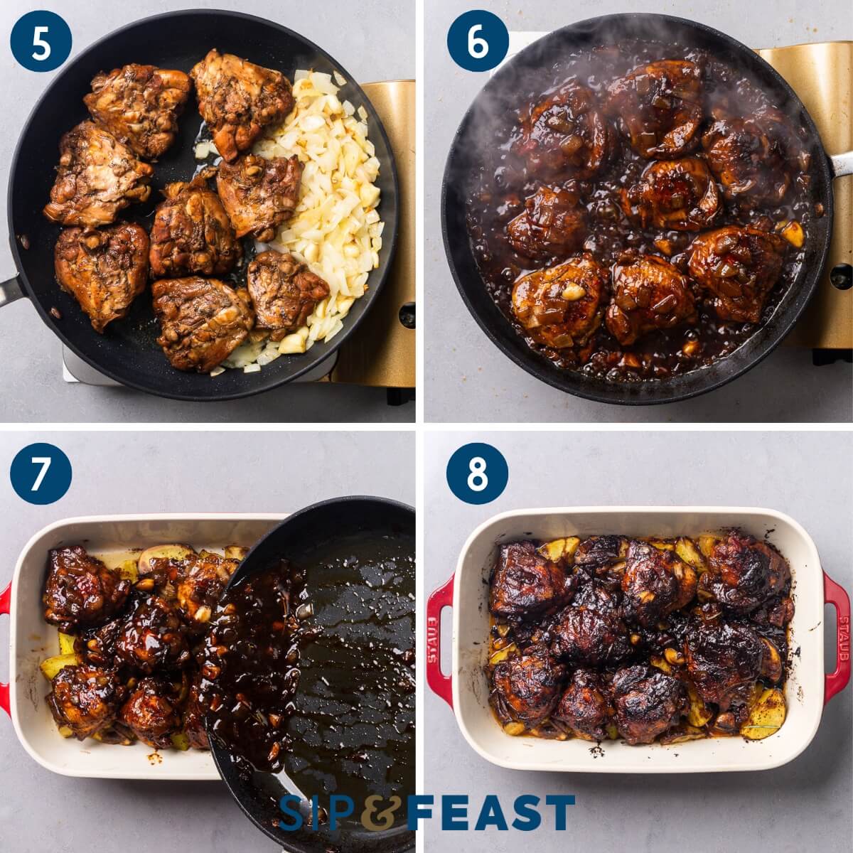 Collage two showing searing the chicken thighs, bringing the sauce to a boil, placing the chicken and sauce onto the roasted potatoes, and the finished dish.