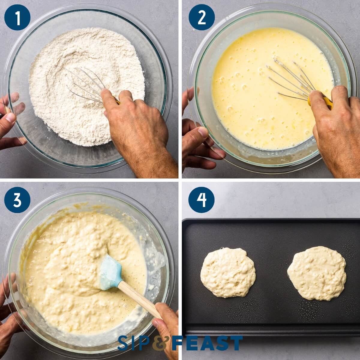 Recipe process shot collage group one showing mixing the dry ingredients, mixing the wet ingredients, mixing the batter, and placing two batches of batter onto griddle.