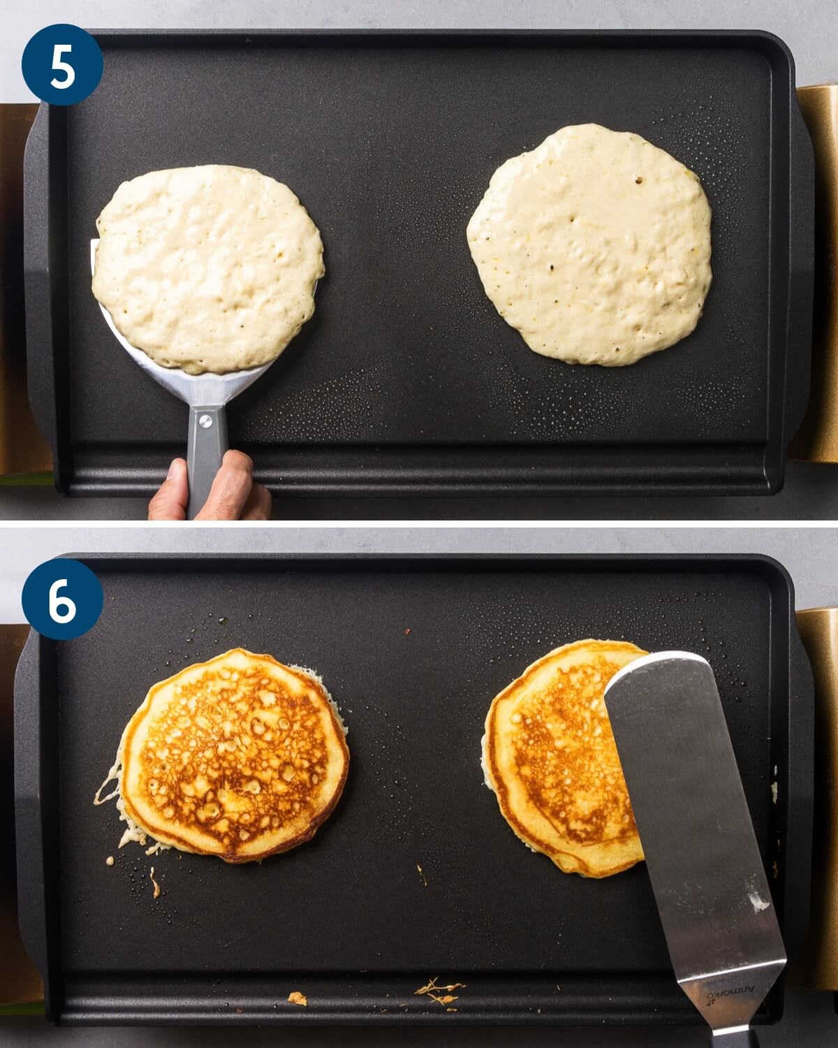 Collage two showing flipping the pancake and finishing the golden buttermilk pancakes.