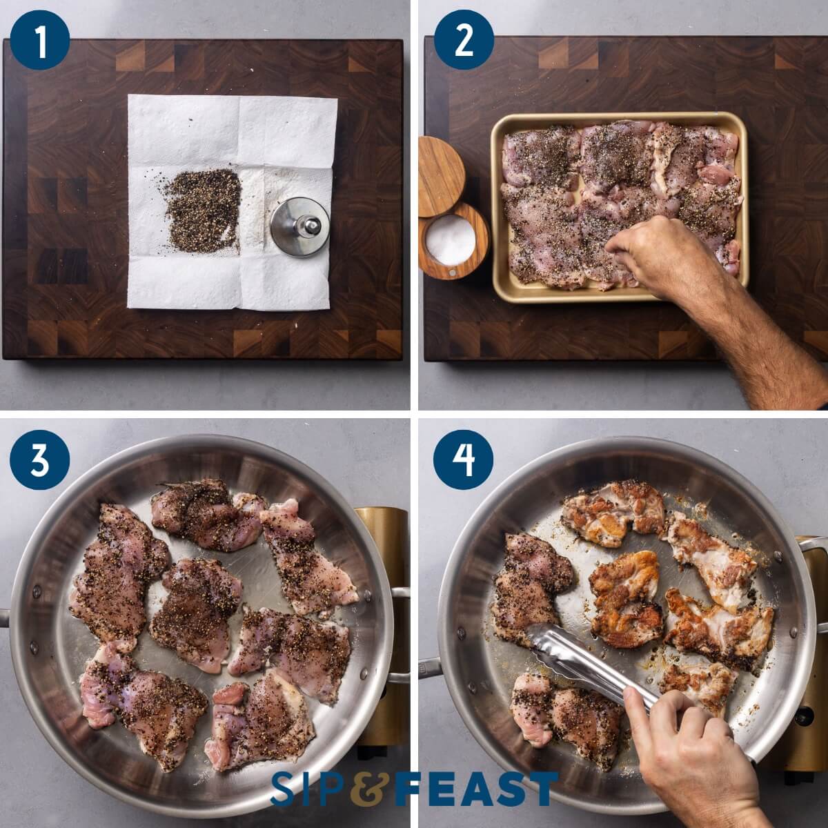Recipe process shot collage group one showing the crushed peppercorns, seasoning the chicken with salt and pepper, searing the chicken pepper side up, and flipping the chicken.