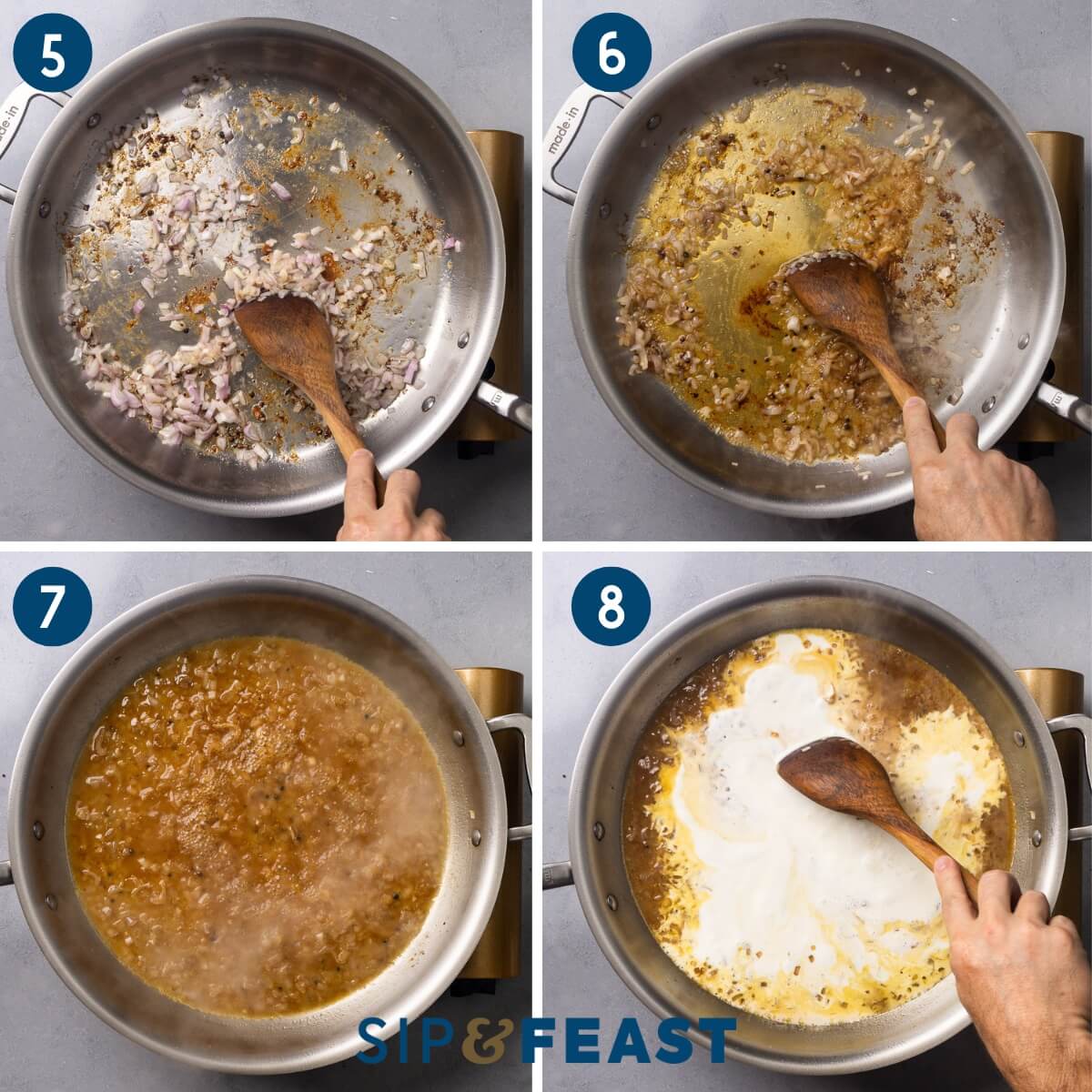 Collage two showing sauteing the shallots, adding the cognac, boiling the sauce, and adding the cream to the sauce.