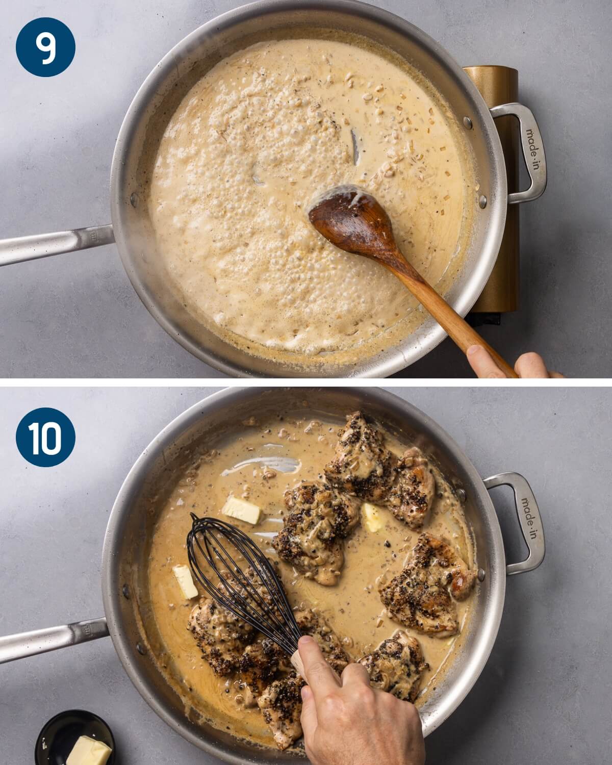 Collage three showing thickening the sauce, and adding the chicken back and whisking in cold butter.