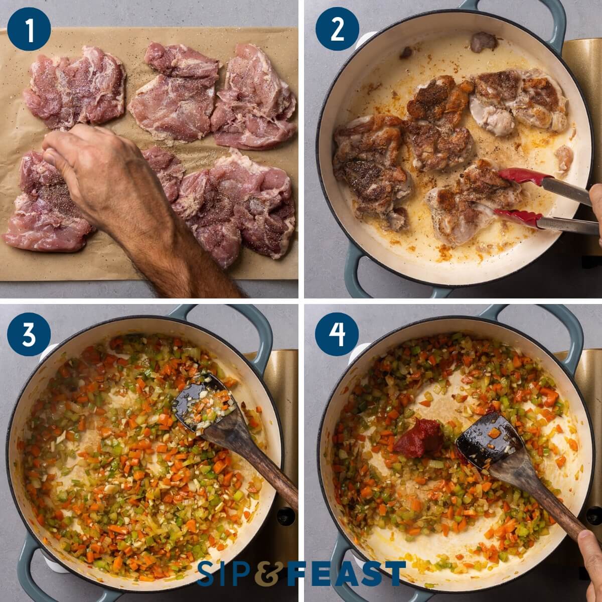 Recipe process shot collage group one showing seasoning the chicken thighs, searing the thighs in a large pot, sauteing the soffritto, and adding tomato paste.