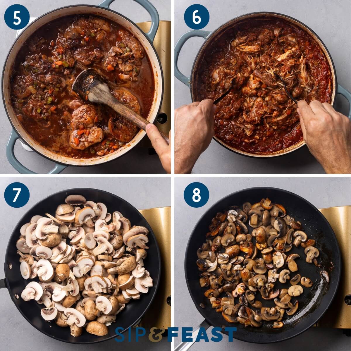 Collage two showing adding the thighs and red wine to the pot, shredding the brasied chicken, and sauteing the mushrooms until golden brown.