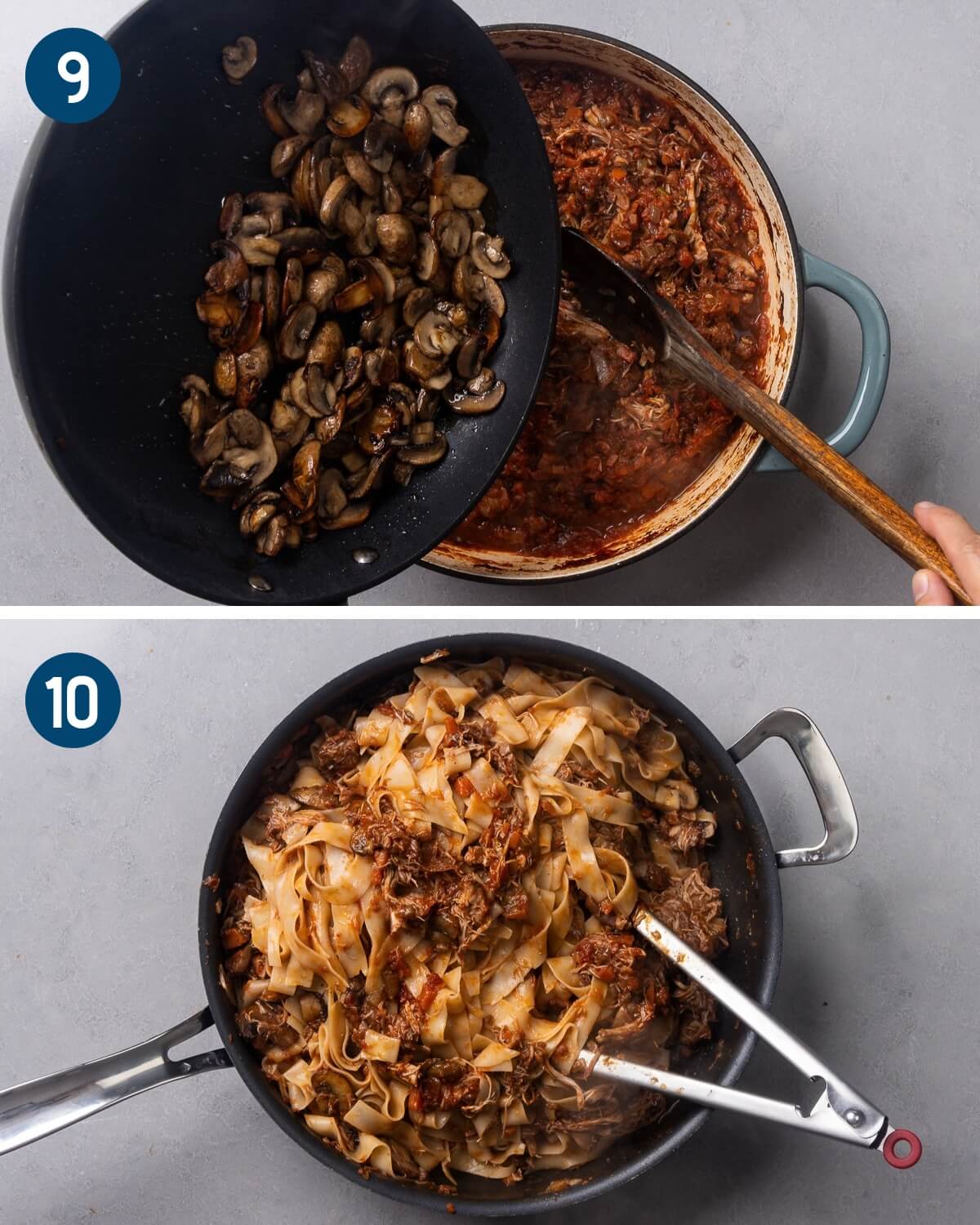 Collage three showing adding the mushrooms to the sauce and the pappardelle pasta finished with the ragu.
