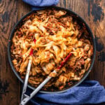 Pan with chicken mushroom ragu pasta.