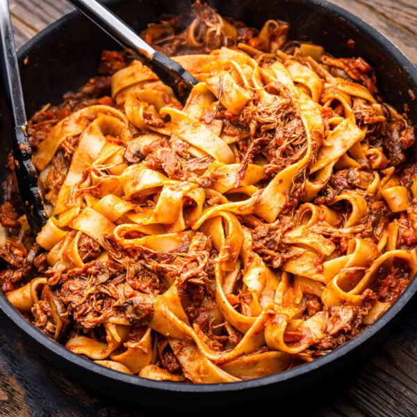 Pan with chicken mushroom ragu pasta.