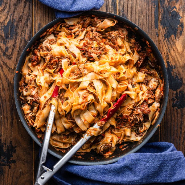 Pan with chicken mushroom ragu pasta.