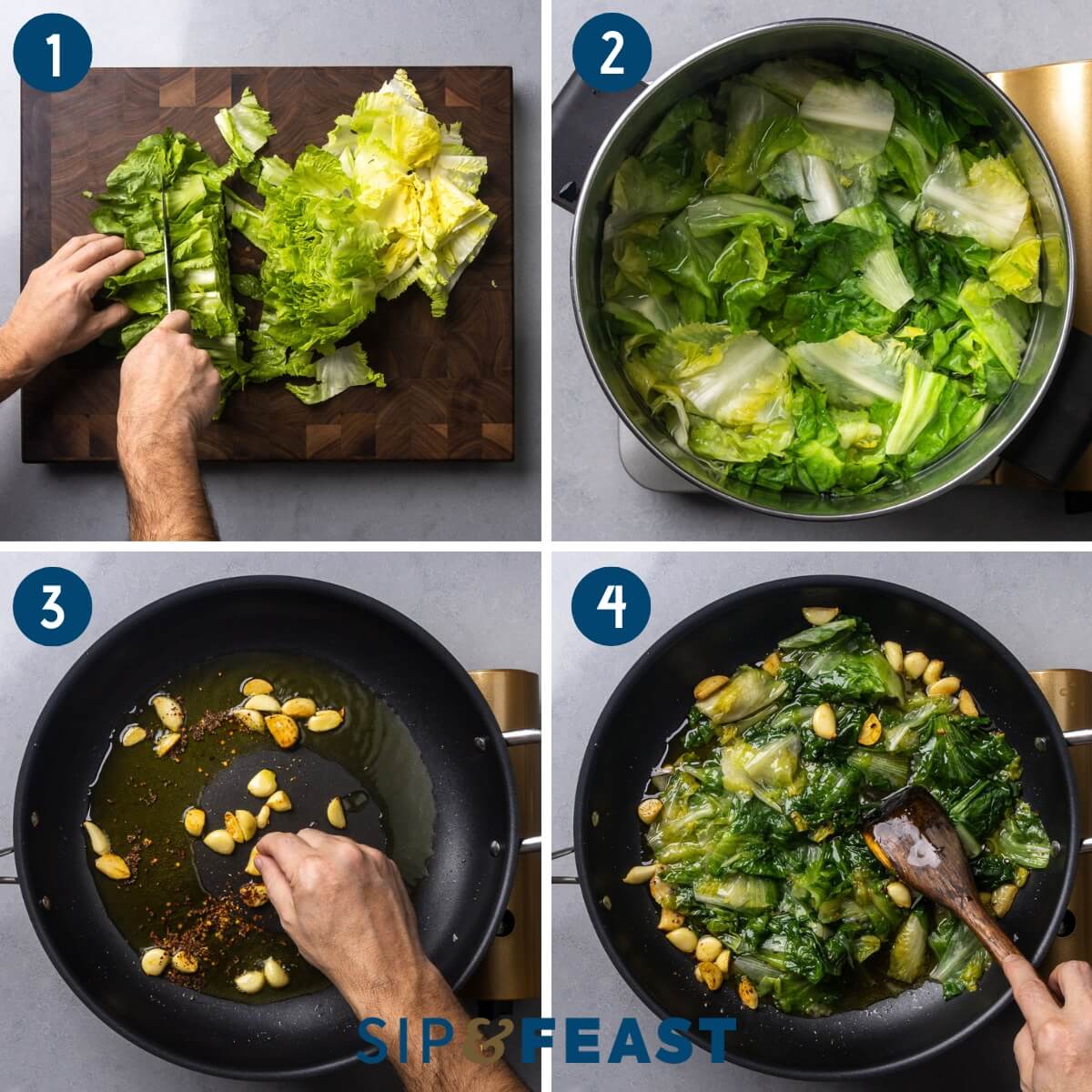 Recipe process shot collage showing cutting the escarole into large pieces, boiling the escarole, sauteing garlic in large pan and adding hot red pepper flakes, and sauteing the escarole with the garlic and olive oil.