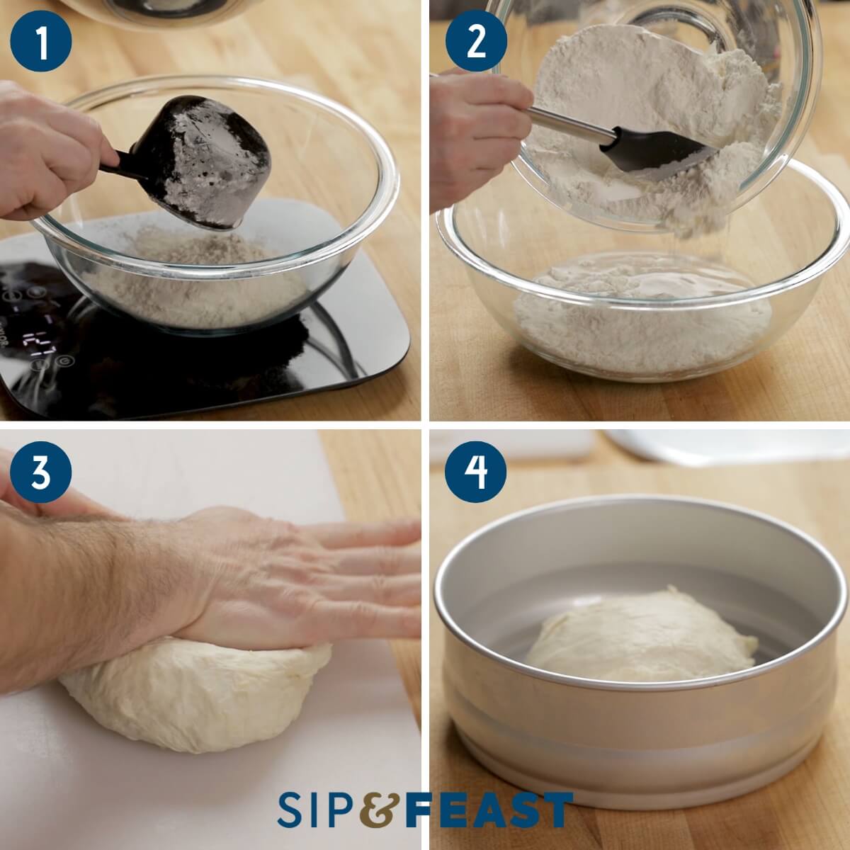 Recipe process shot collage group one showing weighing the flour, mixing the flour and water together, kneading the dough, and placing the dough ball into a proofing container.