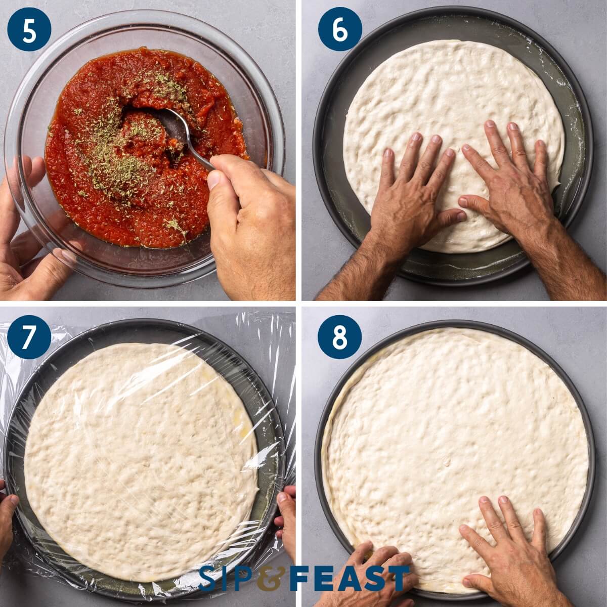 Collage two showing mixing the strained tomatoes with salt and oregano, stretching the dough onto the pizza pan, covering with plastic, and doing final stretching.