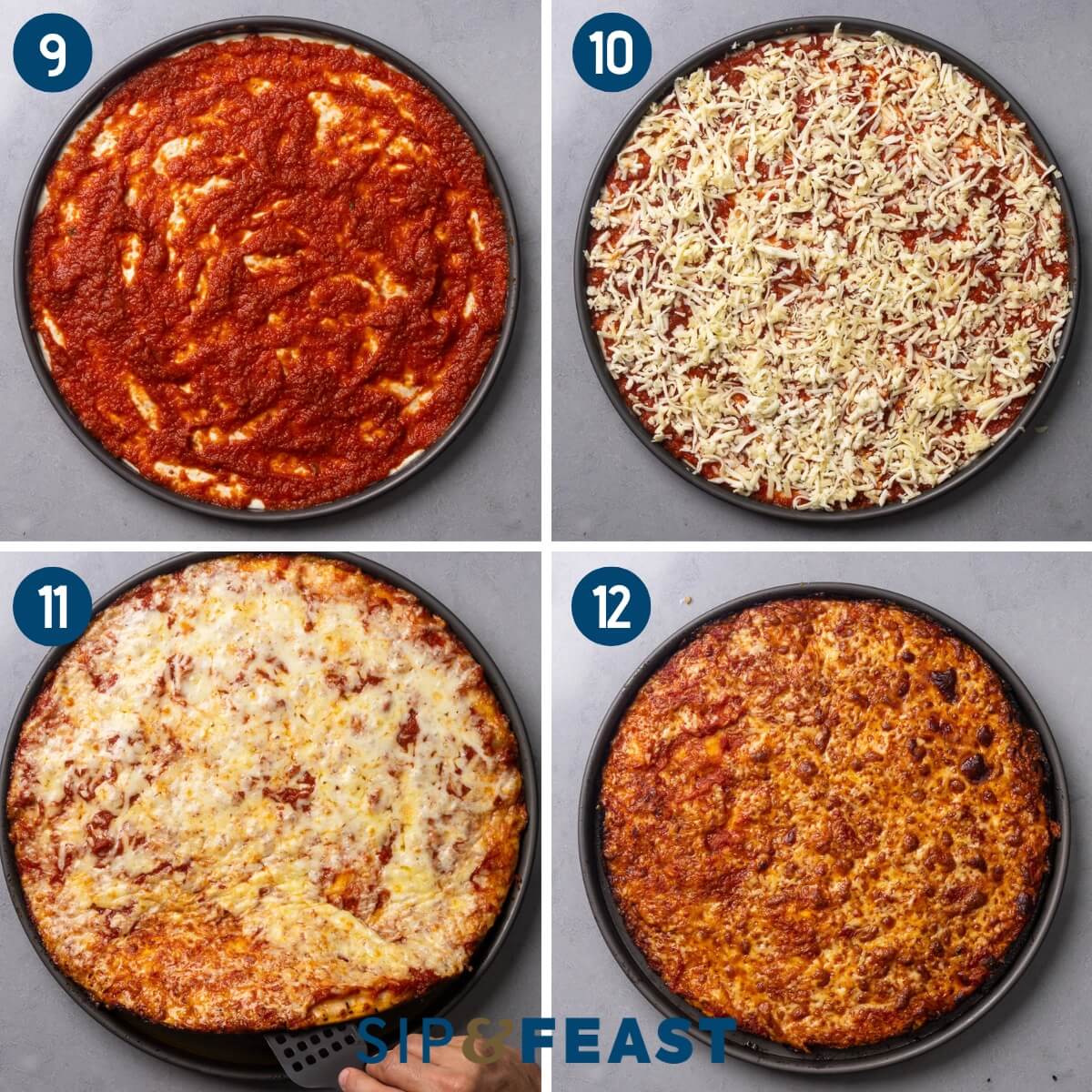 Collage three showing saucing the pizza, adding the cheese, checking the pizza for browning on bottom, and the finished baked pizza.