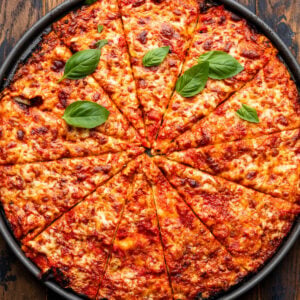 16" pan pizza topped with basil leaves.