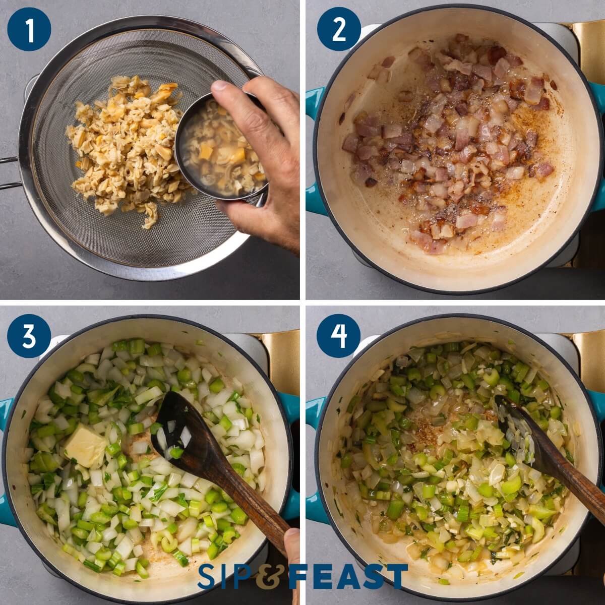 Recipe process shot collage group one showing draining the clams but saving the juice, sauteing the bacon in Dutch oven, sauteing the onion and celery, and adding the garlic.