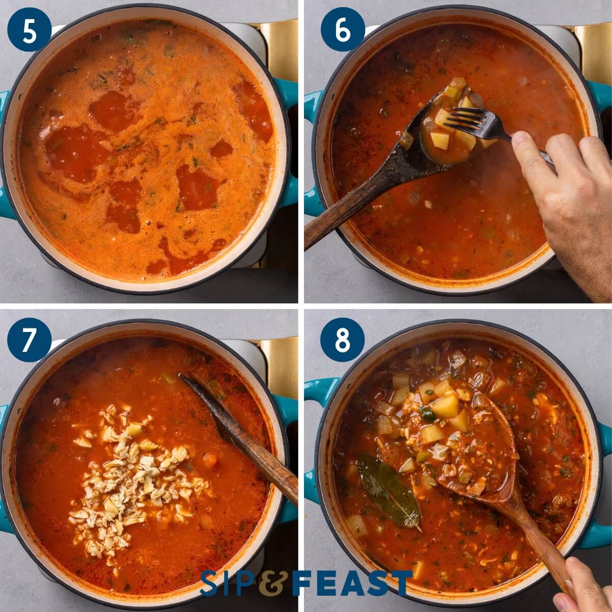 Collage two showing adding the tomato and clam stock and bringing to boil, testing the potatoes for tenderness, adding the clams, and the finished soup.