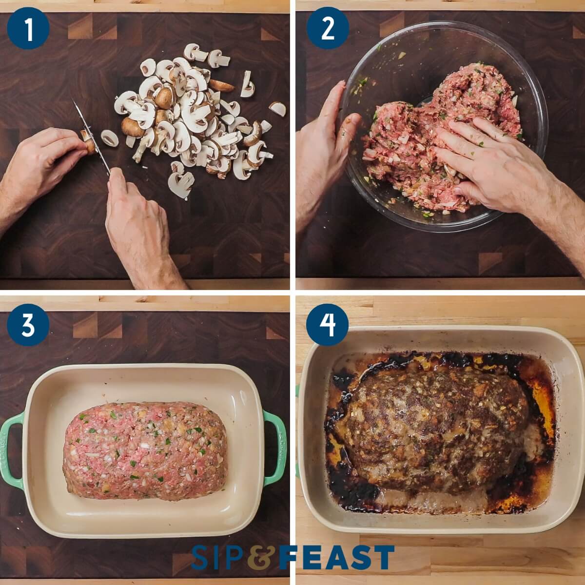 Recipe process shot collage group one showing slicing themushrooms, mixing the meatloaf, placing the formed meatloaf in baking dish, and the baked meatloaf.