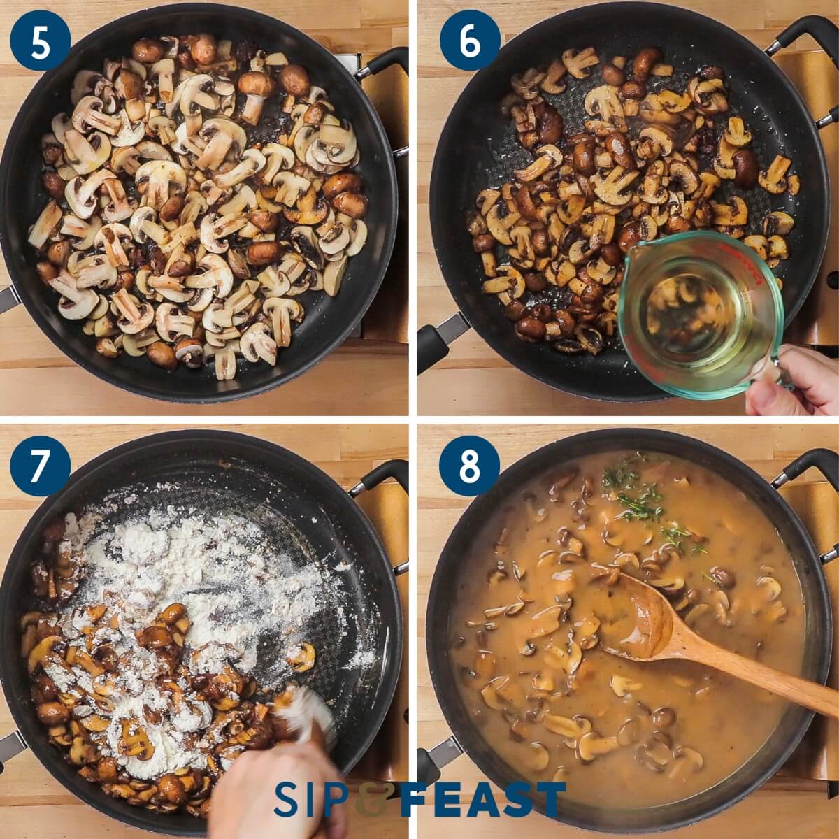Collage two showing sauteing the mushrooms, deglazing with white wine, adding flour to the pan, and simmering the gravy.