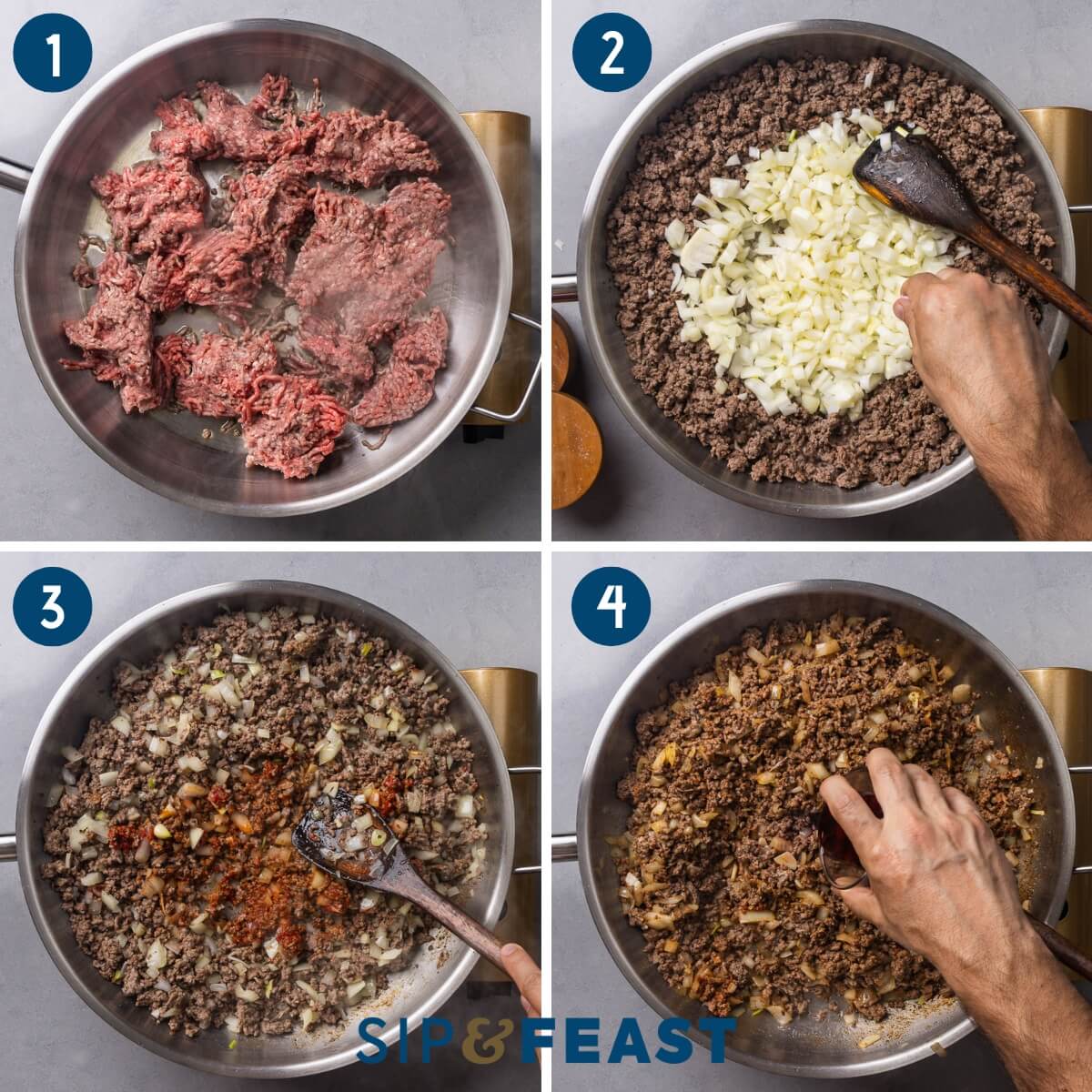 Recipe process shot collage group one showing browning the ground beef, adding the onion, adding the garlic and tomato paste, and deglazing with red wine.