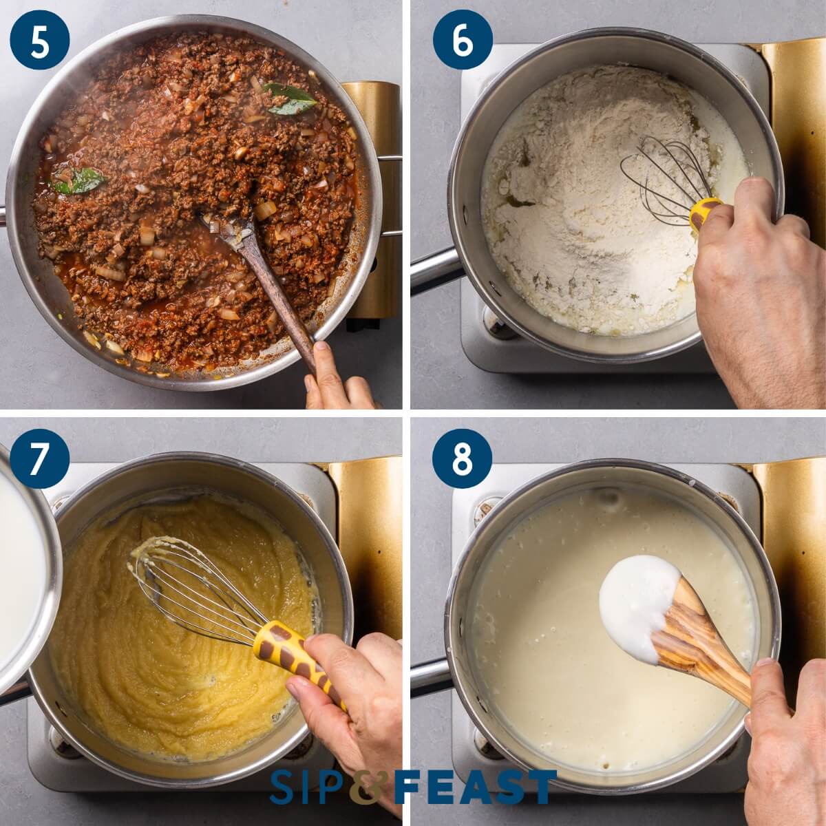 Collage two showing bringing filling to a simmer, whisking butter and flour together, and testing consistency of bechamel sauce.