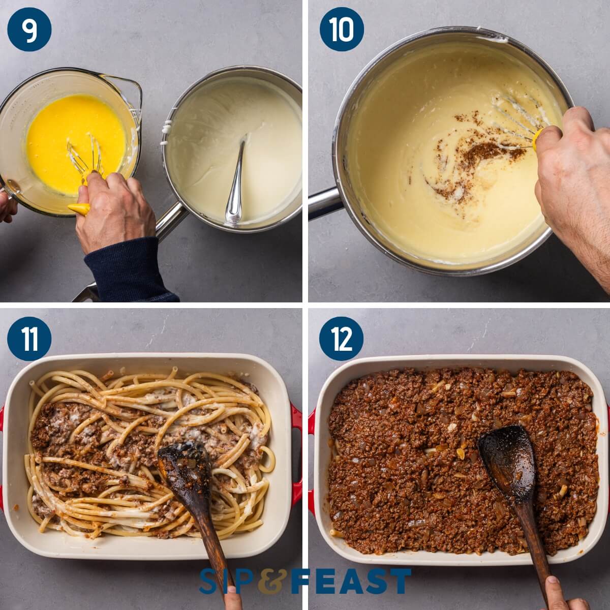Collage three showing tempering the eggs, whisking the parmesan and spices into bechamel, adding the pasta to a baking dish, and adding the meat sauce on top.