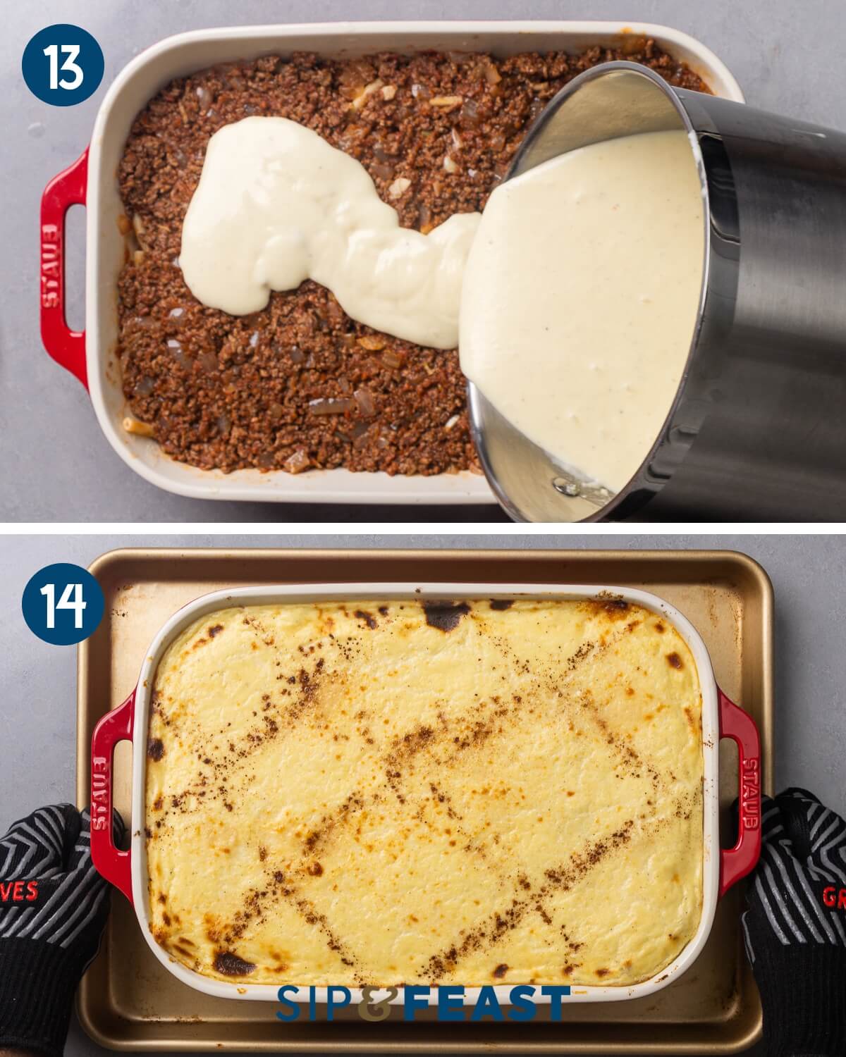 Collage four showing pouring the bechamel on top of the ground beef and the finished baked pastitsio.