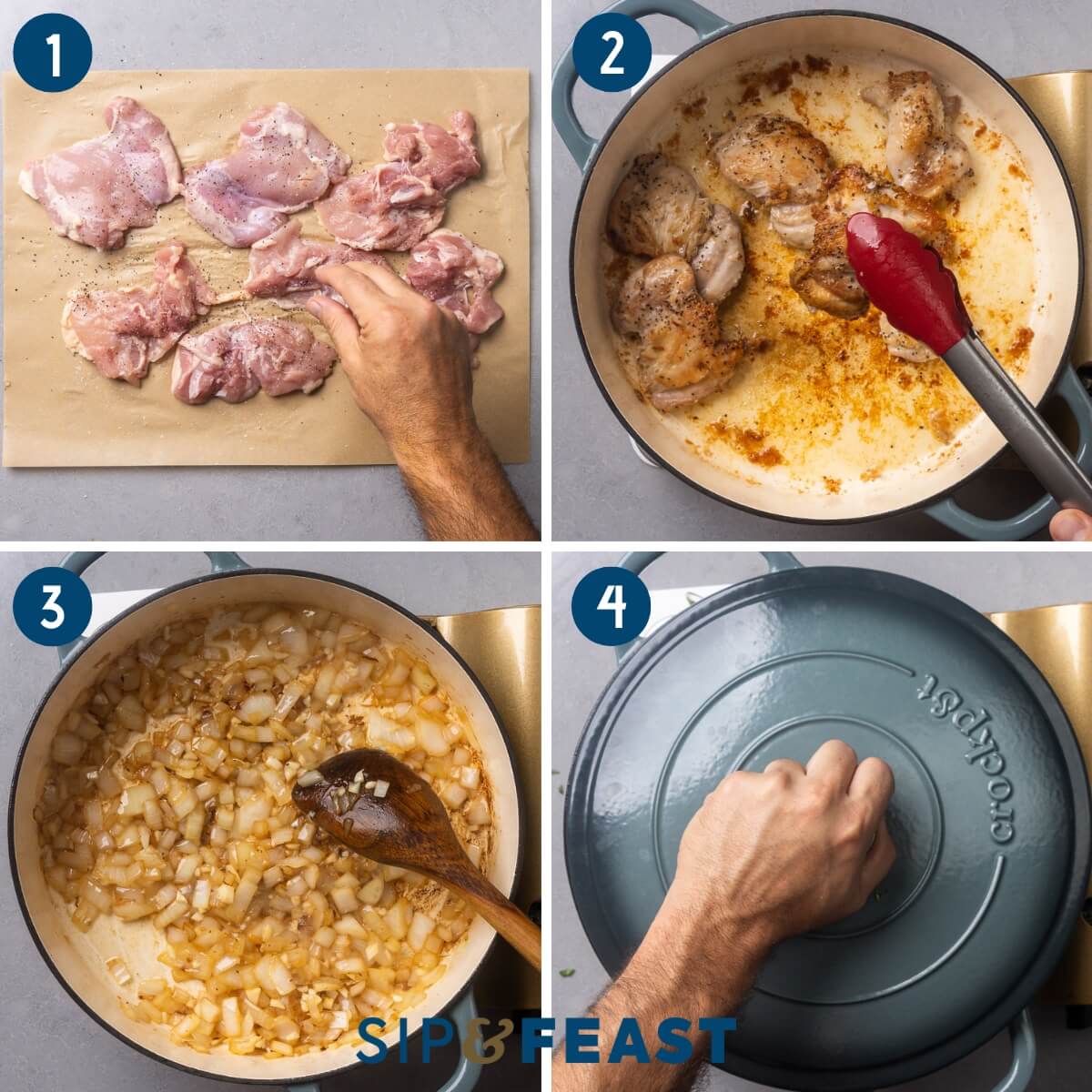 Recipe process shot collage group one showing seasoning boneless skinless chicken thighs, searing the thighs, sauteing onion and garlic, and adding the chopped spinach and covering pot.