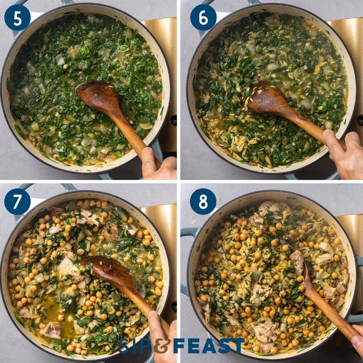 Collage two showing adding the chicken stock, adding the orzo and bringing to boil. adding the seared chicken thighs and chickpeas, and finishing the dish with feta, lemon, and tahini.